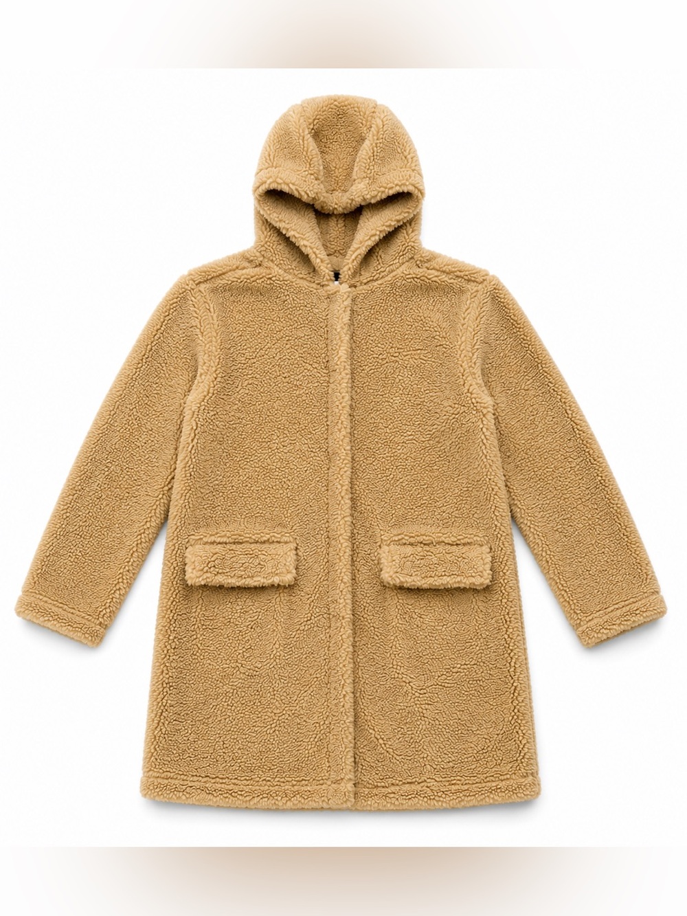 Madden NYC Women’s Medium Tan Teddy Sherpa Hooded Long Coat Jacket NWT